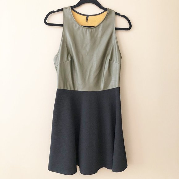 Vijo Couture Dresses & Skirts - Vijo Couture Faux Leather Racerback Sleeveless Skater Dress Olive Green Black L